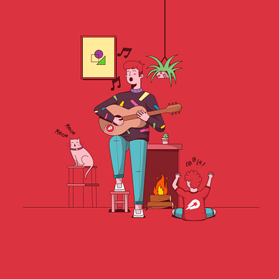 Music during the coronavirus cat covid covid 19 delivery geometry guitar illustraion illustrator music plants red siblings vector