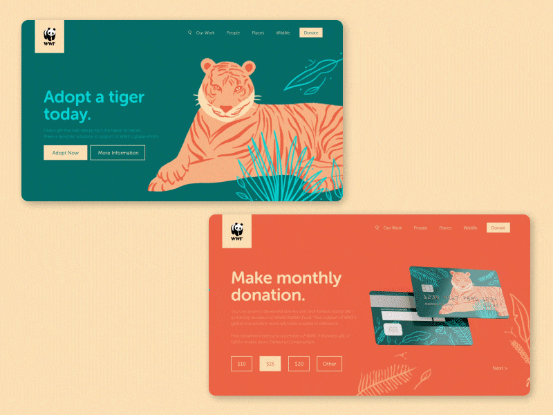 WWF Landing Page - 1 animal illustration animated gif animation branding campaign design digital illustration illustration landing page minimal tiger ui ui design ux vector web website wwf