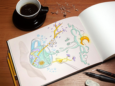 A Glass of Magic🌙 blue cloud copic doodle fantasy first shot glass illustration magic magical marker mermaid moon rain raindrop random sea underwater unrealistic water