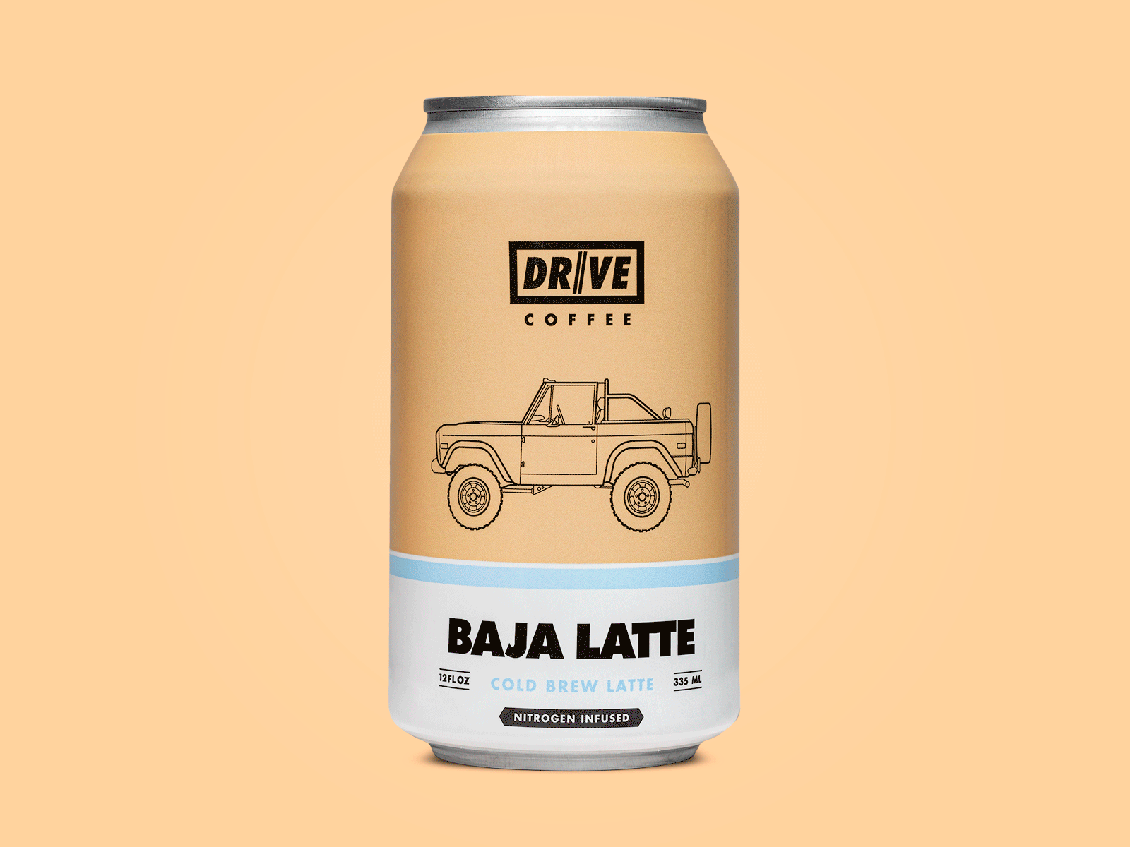 Drive Coffee Baja Latte automotive baja branding bronco can car coffee cold brew drive illustration label latte package design print racing vehicle