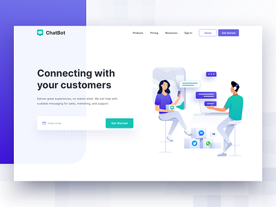 Customer Messaging platform - Header Illustration bot business chat design digital header homepage icon illustration management marketing meeting message people ui ux vector