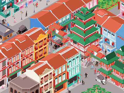 Old Chinatown - Isometric Illustration asia chinatown chinatown illustration chinese colonial building culture history illustration isometric isometric building isometric map landmark old town oriental religion singapore temple travel vector vietnam