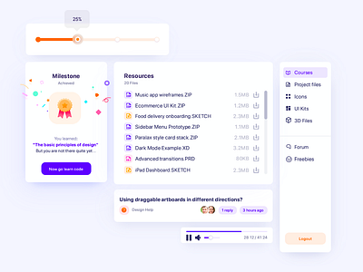 Education Dashboard Components app app design components courses download file manager minimal player popup product design progress indicator saas side menu sidebar uidesign videoplayer