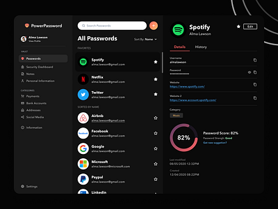 PowerPassword Password Manager app dark mode minimal mobile password manager redesign ui ux web web design