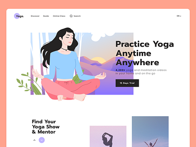 Yoga UI Website Illustration app body clean girl healthy illustration landing landscape meditation mind mountain online page practice simple sport ui website woman yoga