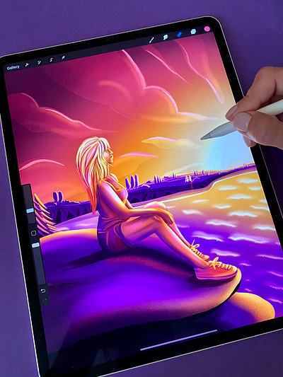 Impression. Sunset clouds digital illustration digital painting digitalart girl illustration ipad art landscape landscape illustration mountain nature neon light procreate sea stones sunlights sunrise sunset trees waves