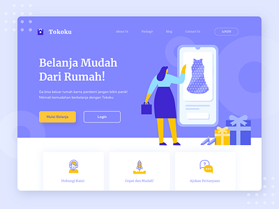 Tokoku - Online Shopping Illustration character design fashion fashion app gift header illustration landing page marketplace noansa online shop online shopping online store purple shop shopify ui uiux website