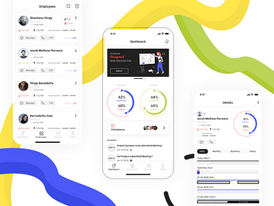 Employee Management app attandance banner cards clean colors concept dashboard design details employee illustrations ios iphonex management tabbar ui