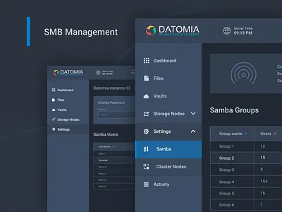 Datomia Samba Management admin cloud dashboard files panel showcase ui ux web