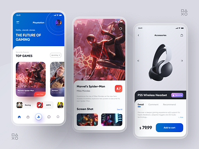 Playstation App Design 2020 app branding color palette design figma game game app games headset horizon icon mobile playstation playstation 5 shopping cart sony spider man ui ux