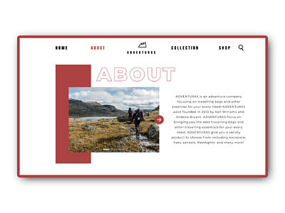 ADVENTURAS About Page adventure bag ui ux