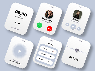 Smart Watch UI call clean creative design heartrate inspiration interactive interface menu minimal musicplayer smartwatch time typography ui uiux ux voiceassistant
