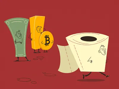 He thinks, we are silly! 50s artwork bitcoin cartoon character covid19 design dollar drawing editorial illustration fun gold illustration midcentury onga paper