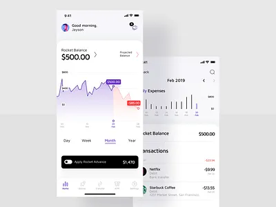 Finance App / Dashboard advance payment app application balance balanced bank business dashboard deposit expenses finance app home screen ios iphone minimal mobile money paycheck payment rocket