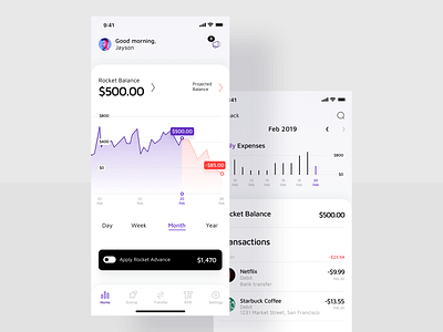 Finance App / Dashboard advance payment app application balance balanced bank business dashboard deposit expenses finance app home screen ios iphone minimal mobile money paycheck payment rocket