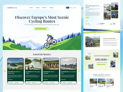 EuroVelo Austria – Cycling Travel Landing Page Design activity adaptive blue branding cards cycling desktop fun gradient green illustration design landing page light design mobile nature responsive sport vibrant webdesign website design