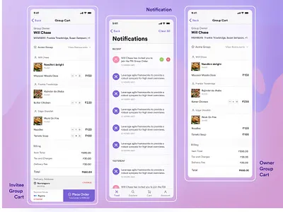 Online Food Delivery app- Notification, Invitee and Owner Screen card cardlayout cart chat chat app ecommerce food foodapp groupchat invitee iosapp design minimal minimalist mobile app notifications uidesign