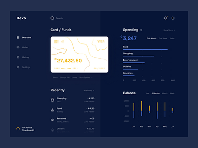 Bank Dashboard - Web App - Dark Mode account app banking card chart clean credit card dark mode dashboard finance funds minimal product design simple statistics ui uiux ux wallet web