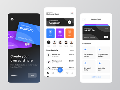 Billy - Finance mobile app 💳 android studio bank banking banking app card color credit card finance financial fintech fintech app flutter mobile mobile app mobile banking money online wallet transactions ui wallet