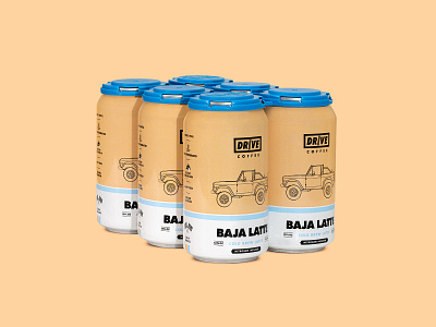 Drive Coffee Baja Latte 6-Pack 6 pack automotive branding bronco car coffee cold brew illustration label latte package design print racing vehicle