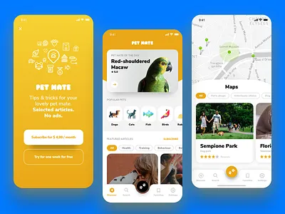PetMate App UI animal app appuidesign card discover figma macaw maps navigation navigation design parrot paywall pet sketch subscribe tabs ui uiux uiuxdesign ux