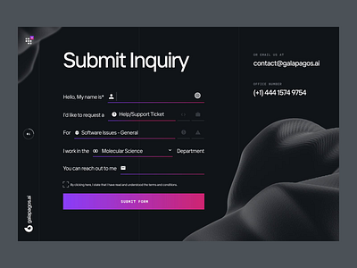 Galapagos.ai — Web Design | Contact & Inquiry Page UI/UX 3d animation biology biotech contact cure dark disease dna form gene genetics health inquiry medicine pharma science ui ux web
