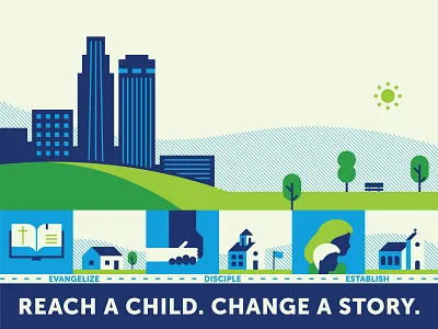 Reach a child. Change a story. bible buildings child children church evangelism fellowship house illustration nebraska omaha park school trees