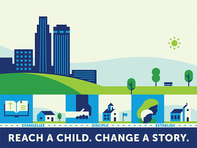 Reach a child. Change a story. bible buildings child children church evangelism fellowship house illustration nebraska omaha park school trees