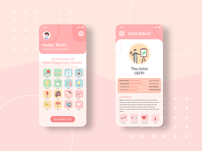 MBTI App artist chair character characterdesign dove design figma icon illustration illustrator logo mbti mobile mobile ui painter pink psychology ui warm