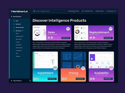 Intelligence products marketplace brand development crema dark ui design invisionstudio logo ui