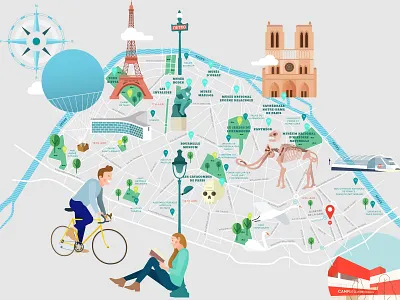 Paris City Map building buildings character city city map cycling cyclist eiffel eiffeltower flat flat illustration france illustration map monuments paris people road town vector