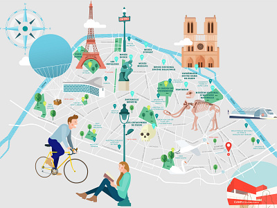 Paris City Map building buildings character city city map cycling cyclist eiffel eiffeltower flat flat illustration france illustration map monuments paris people road town vector