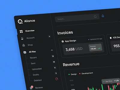 Aliance finance dashboard bar dark mode dashboard design finance flat graphic design home invoice layo light navigator overview statistic studio switcher ui ux