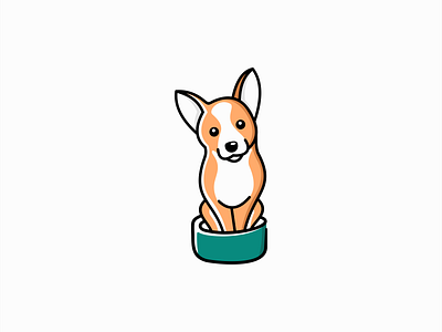 Cute Dog In A Food Bowl Logo for Sale animal bowl branding cartoon corgi cute design dog emblem food icon illustration logo mark mascot nice puppy smile vector vet