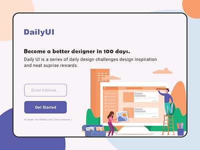 DailyUI 100 - Redesign Daily UI Landing Page 100 100daychallenge branding colors daily 100 challenge dailyui dailyuichallenge design flat flat design flat illustration illustration interaction design landing landing page landing page design subscribe ui design ux design uxui