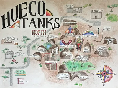 Hueco Tanks, North Mountain Climbing Map bouldering climbing hand drawn hueco tanks map illustration rock climbing