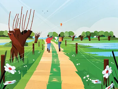 VisitBrabant - 2 🚶🌳 balloon birds boots clouds farm flowers friends hike hot air illustration illustrator man map nature path pond tree visitbrabant walk water