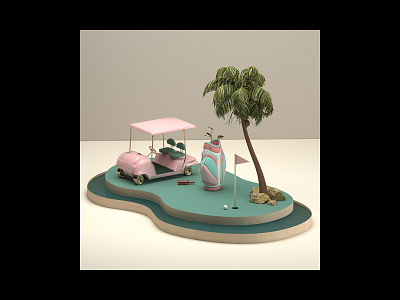 Mini Golf 3d artdirection bag c4d cgi cinema4d color design golf illustration inspiration palmtrees photoshop print set setdesign summer vray vrayrender water