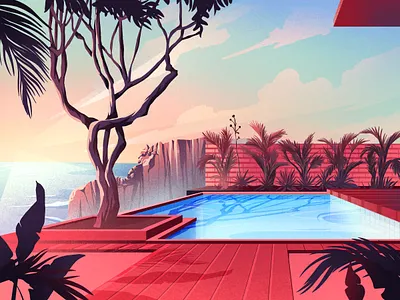 View art artwork houses illustration lake leaves nature ocean pool sun swimming