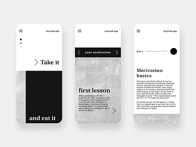 Motivational mobile App 3 color alexanderpriymak app black white design grey mobile mobile app mobile app design mobile design mobile ui mockup modern motivation motivations priymak ui ux