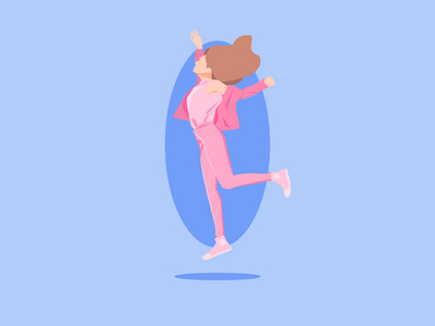 woman jumping in pink casual cloth blue branding colour palette exercise female flat happy jacket joyful jump lady lifestyle light people pink sports stretch vector woman workout