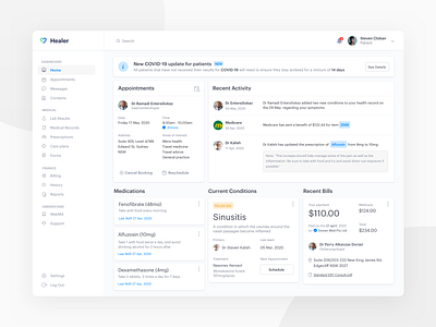 Patient Portal Medical Dashboard pt.4 app cards clean dash dashboard design doctor health interface manage medical medical app medicine minimal modern search simple ui ux web