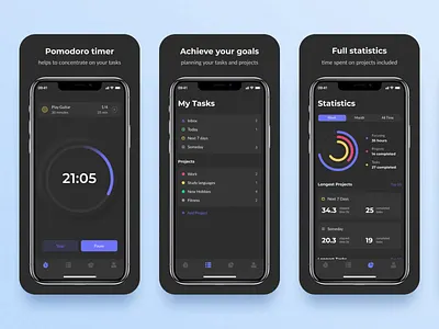 Focus Go App Store Screenshots app appstore dark focus googleplay pomodoro screenshot timer to do trend ui ux