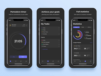 Focus Go App Store Screenshots app appstore dark focus googleplay pomodoro screenshot timer to do trend ui ux