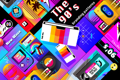 The 90's branding patterns 80s 90s 90s patterns branding colorful geometric gradients graphic design graphic resources new wave retro illustration retro pattern seamless patterns synth wave ui vector vibrant colors vintage