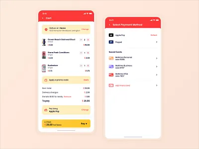 Cart and Select Payment UI Design app apple pay card cart delivery app design food delivery grocery illustration interface payment method promo code ui user experience ux