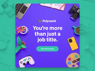 Polywork Banner Ads ads banner blurple camera coffee colorful desk gamepad headline laptop linkedin notebook painter phone plant polywork polyworking scissors tagline