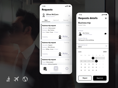 Business Travel Request App black white black and white business travel calendar ios app ios app design management app manager mobile mobile ui request travel app ui design wireframes