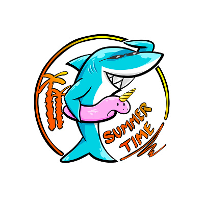 Summer Shark animal beach blue cartoon comic cool fish float fun funny glasses humor illustration sea shark smile summer sun sunglasses unicorn