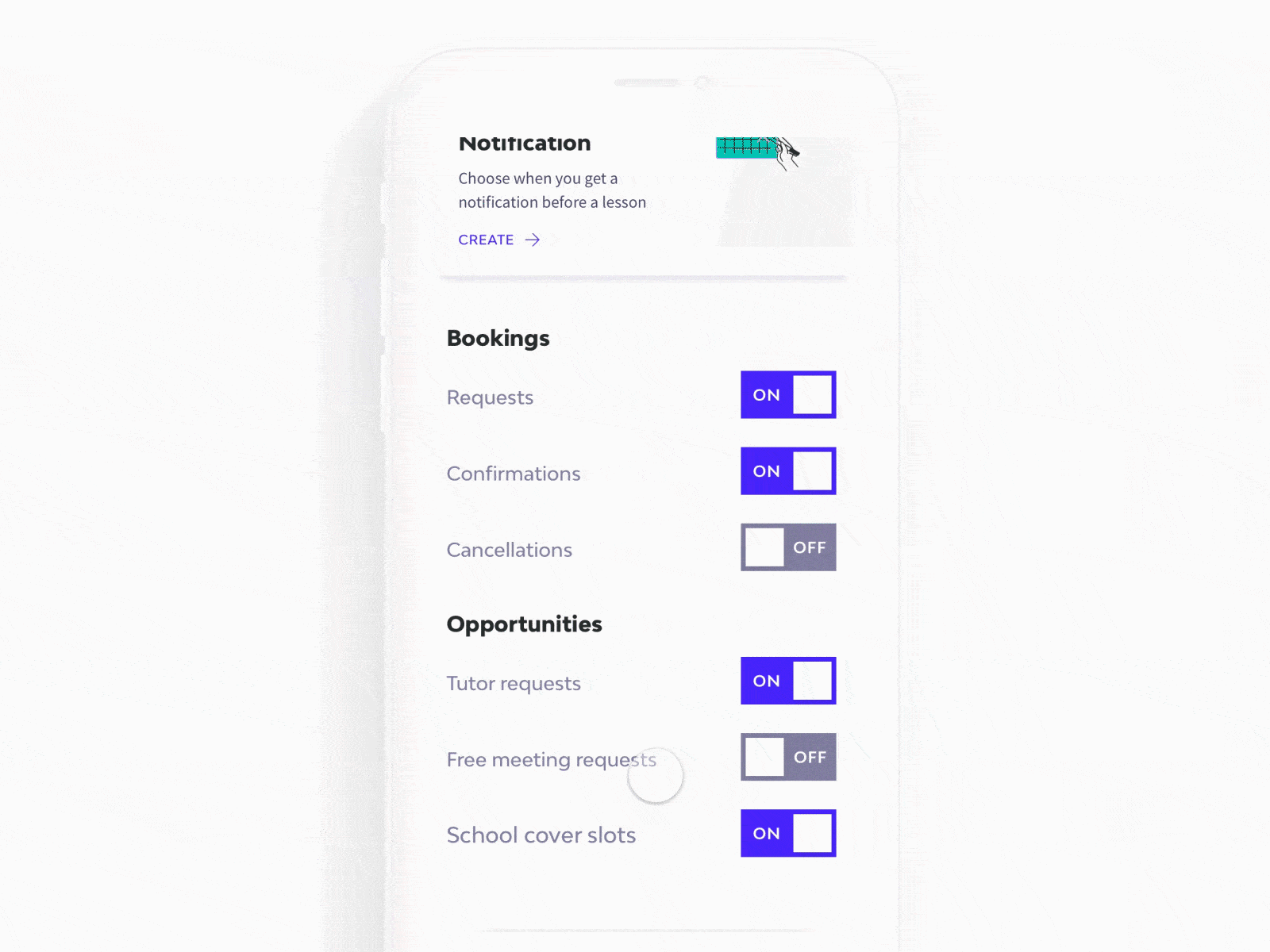 Tutor App - Custom Notifications design interaction personalisation prototpie prototype settings settings ui ui user experience ux